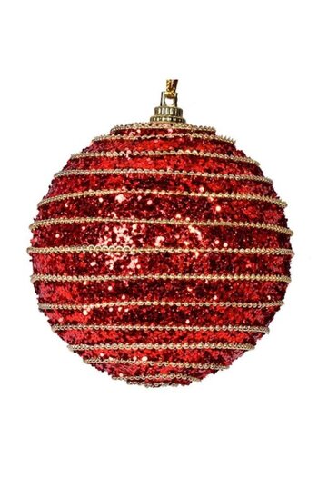ANTBRO Set of 6 Christmas tree baubles, red with stripes and gold chain, 8 cm