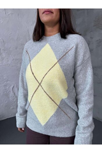 Stil Sepeti Women's Gray Crew Neck Diamond Pattern Knit Sweater Tl-10002484