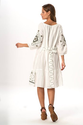Eliş Şile Bezi Half Sleeve Voile Jade Belt Detailed Embroidered Short Summer Dress White Byz