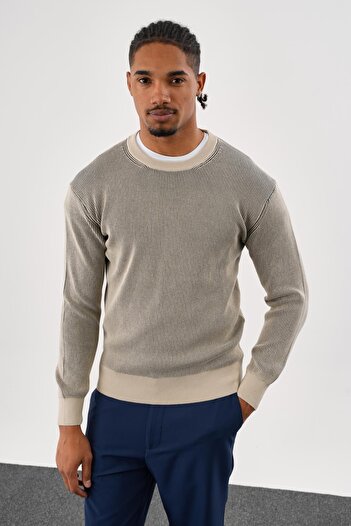 odelon Men's Regular Fit Vanize Knitted Cotton Crew Neck Stone Knitwear Sweater