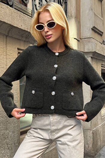 VAGGON Crew Neck Double Pocket Buttoned Knitwear Cardigan