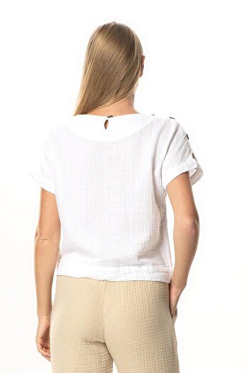 Eliş Şile Bezi Short Sleeve Serap Crew Neck Muslin Summer Blouse White Byz