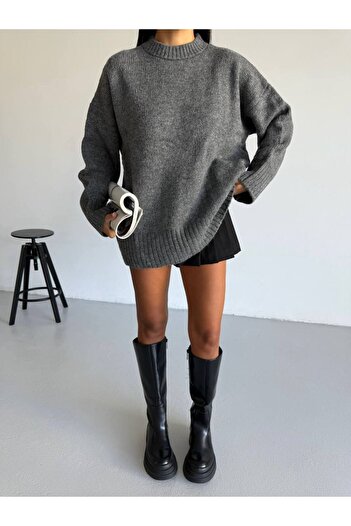 Stil Sepeti Women's Anthracite Premium Crew Neck Oversize Sweater Tl-10002217