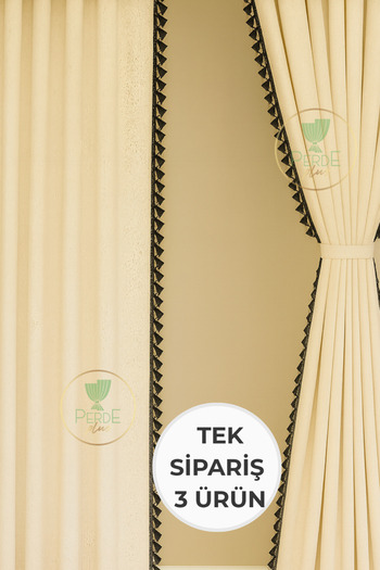 Perdeplus Püsküllü , Farbelalı Perde Takımı – 3’lü Set, Rustik & Korniş Uyumlu