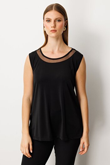 ON Women's Plus Size Collar Tulle Detailed Sleeveless Basic Blouse 61311 Black