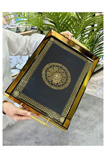 Doğudeko Lux Avangarde Chich Rectangular Patterned Tray Gold Silver