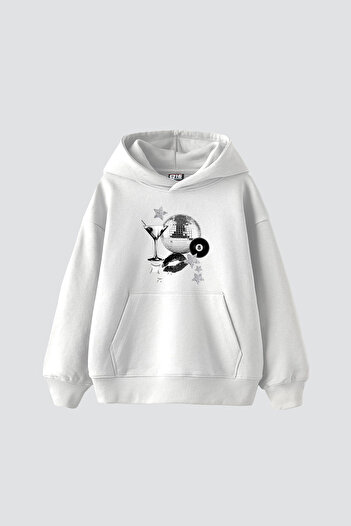 Sekizbiraltı Martini Disco Printed Oversize Unisex White Hoodie