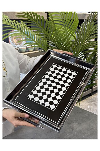 Doğudeko Lux Avangarde Chich Rectangular Patterned Tray Gold Silver