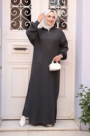 N.S NEVA STYLE Ribbed Anthracite Knitwear Hijab Double Set 17207Ant