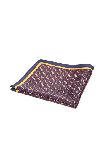 6AM Ceremony Dark blue pocket square with red chains print and golden yellow border