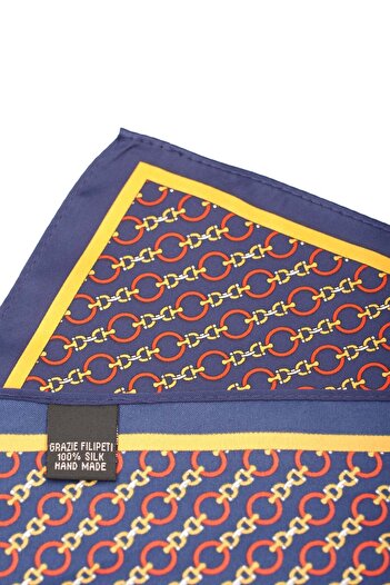 6AM Ceremony Dark blue pocket square with red chains print and golden yellow border