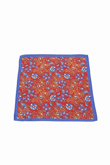 6AM Ceremony Red pocket square with multicolor floral and paisley print, blue border