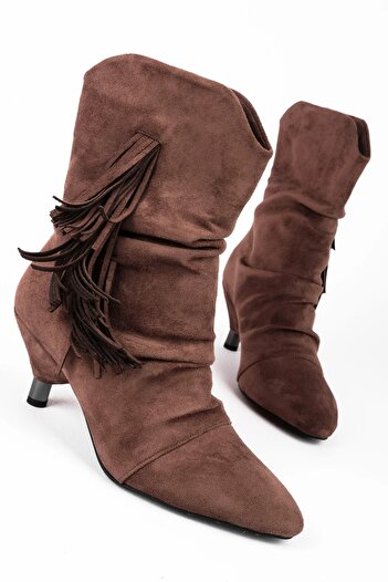akerler Women's Tassel Detailed Brown Mini Heel Daily Boots Pl900