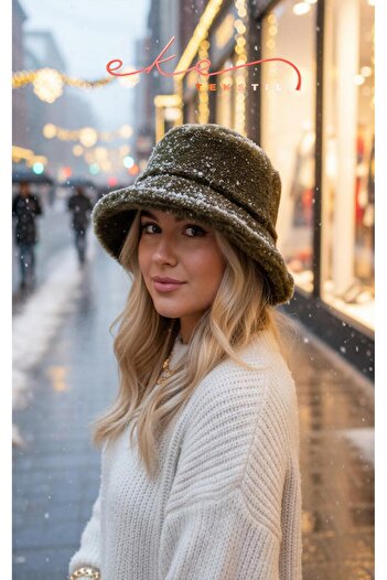 Eke Tekstil Women's Plush Bucket Hat in Khaki Color