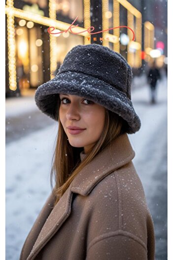 Eke Tekstil Women's Plush Bucket Dark Gray Color Hat