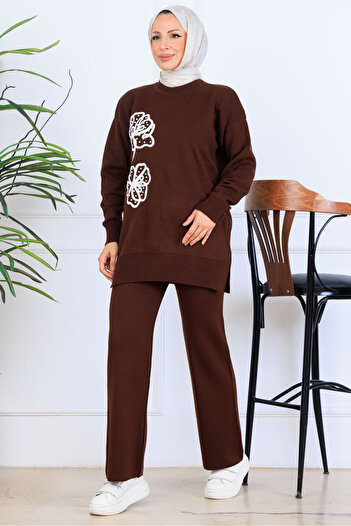 benguen Embroidery Detailed Knitwear Set S1120 Brown