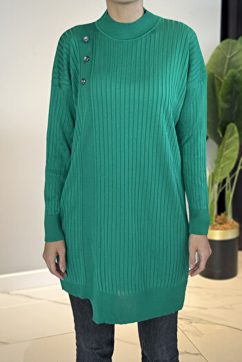 REMSA Button Detailed Ribbed Knitwear Tunic 35044 Green
