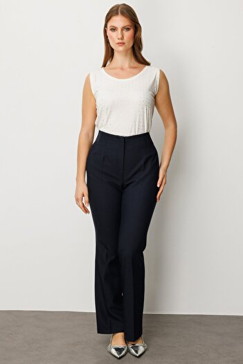Ekol Women's Plus Size Elastic Waist Wide Leg Pants 1107 Navy Blue