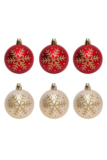 SHOPIENS Set of Christmas Baubles, Snowflake Glitter, Red-Beige, 6cm, 6 pcs