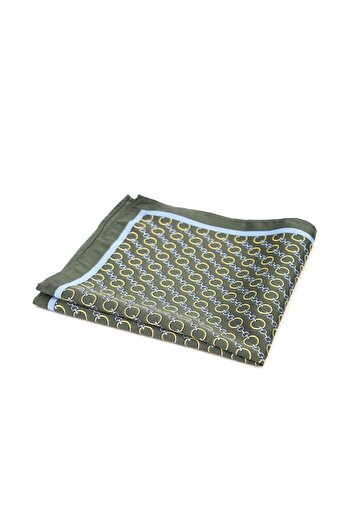 6AM Ceremony Olive green pocket square with geometric print and blue border