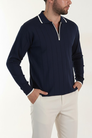 MENOFOURSWEAR Old Money High Quality Long Sleeve Polo Neck Men's Knitwear Sweater Navy Blue