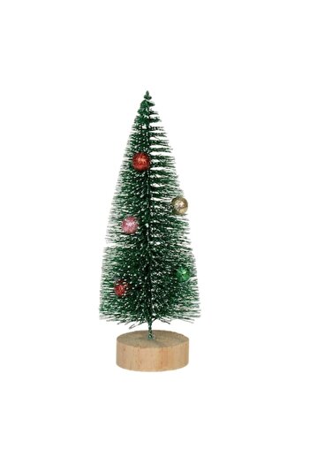 SHOPIENS Decorative Snowed Christmas Tree, Height 18 cm, Glitter Baubles, Green, Wooden Base