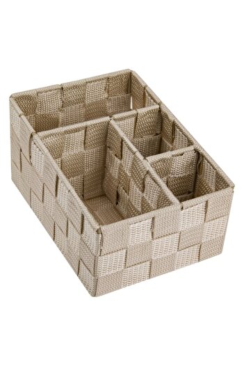 SHOPIENS Beige Woven Storage Basket, 4 Compartments, 19x14x10 cm, Metal and PP