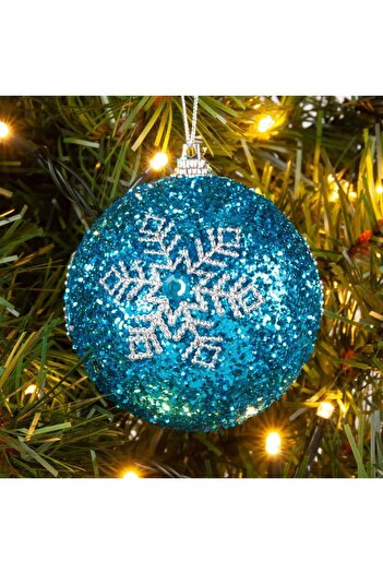 SHOPIENS Christmas Bauble Set, Snowflake Design, Turquoise with Silver Glitter, 8 cm, 6 pcs