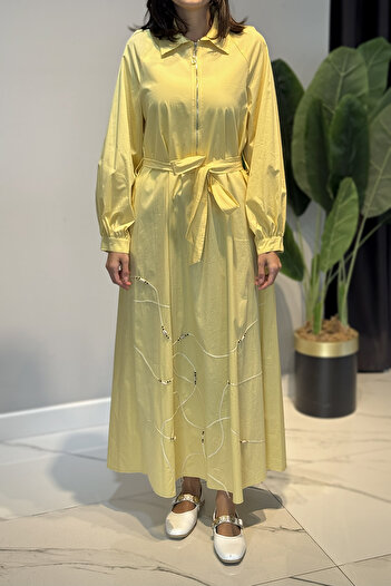 Ceremony Half Placket Zippered Poplin Dress 5779 Yellow