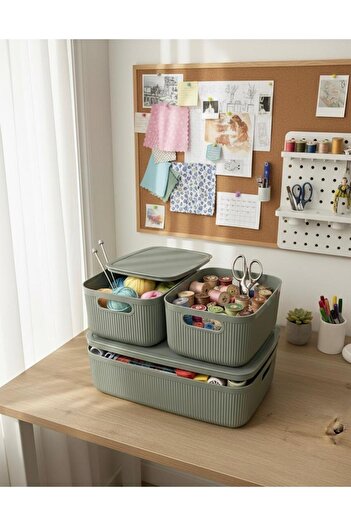 Okyanus Home Linea Smart Box Green Set of 3, 1 Piece of 4.5 Lt, 2 Pieces of 2.4 Lt with Lids, Multi-Purpose Storage Box