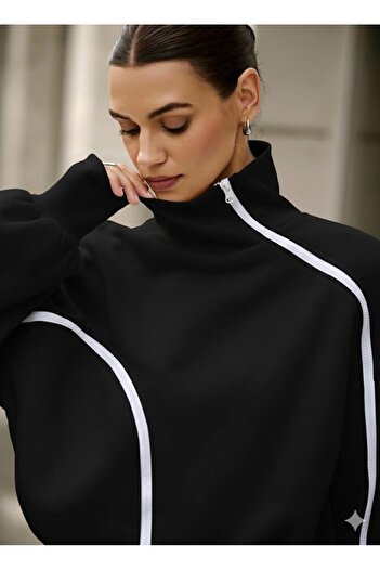 Afri Black Women's High Collar Full Zip Sweatshirt – Sporty and Casual Stylish Oversize Model