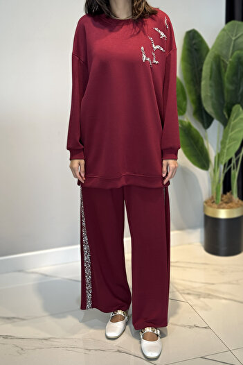 Lale Butik Stone Detailed Modal Suit 120289 Claret Red