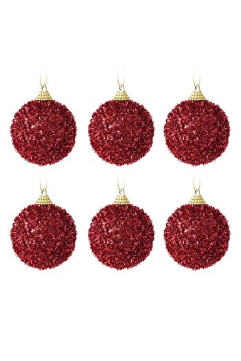 SHOPIENS Christmas Baubles, Glitter Tinsel Model, Set of 6, Red, 6 cm