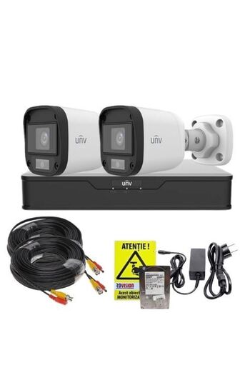 Uniview Sistem de supraveghere cu 2 camere, ColorHunter 5MP, lumină albă 20m, DVR, HDD 500GB