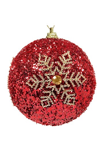 SHOPIENS Set of Christmas Baubles, Snowflake Design, Red with Gold Sequins, 8 cm, 6 pcs
