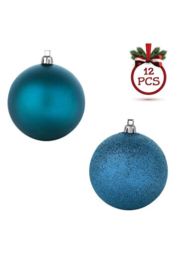 SHOPIENS Christmas Bauble Set, 12 Pieces, Turquoise, Matte & Glitter, 7 cm, Plastic