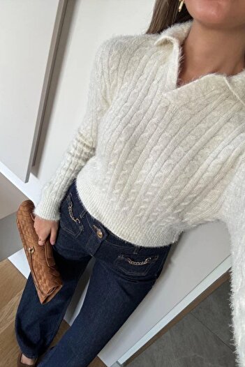 Polo State Women's Polo Neck Hair Braided Knitwear Sweater Ecru