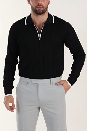 MENOFOURSWEAR Old Money High Quality Long Sleeve Polo Neck Men's Knitwear Sweater Black