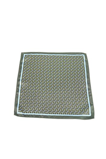 6AM Ceremony Olive green pocket square with geometric print and blue border