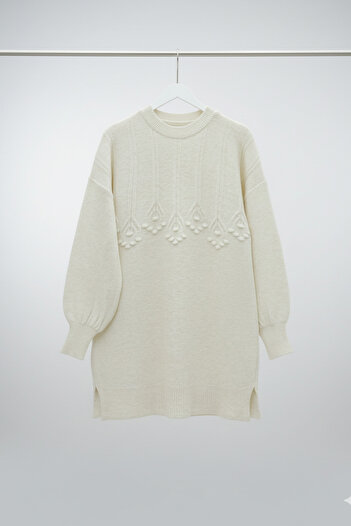 FERHEL Crew Neck Tunic Sweater with Stripe and Embossed Detail
