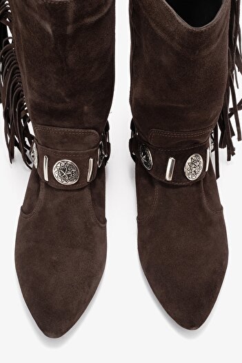 LuviShoes Selora Brown Suede Tasseled Genuine Leather Buckle Women's Western Boots