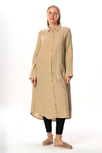 Eliş Şile Bezi Long Sleeve Shirt Collar Hafsa Muslin Summer Tunic Mink Vzn