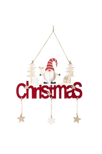 SHOPIENS Christmas Hanging Decoration "Merry Christmas" Gnome, Wood & Burgundy Velvet, 30 cm