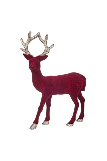 SHOPIENS Christmas Table Decoration - Burgundy Beige Velvet Deer with Beige Glitter, 32 cm, Plastic