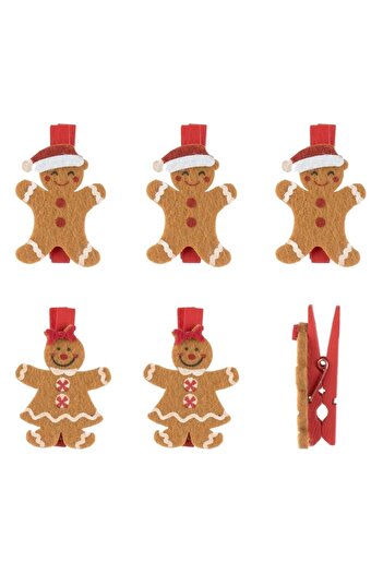 SHOPIENS Christmas Decorative Clip Set, Gingerbread and Snowman Design, Red, 6 Pieces, Wood and Felt