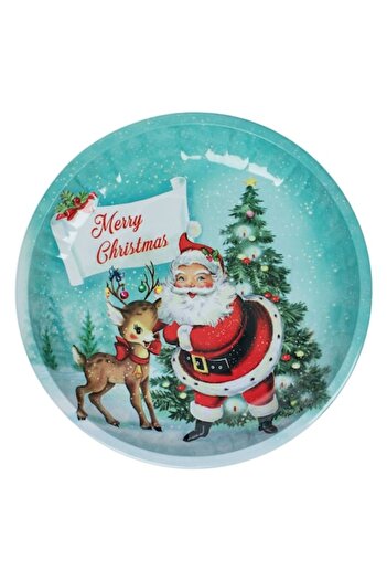 SHOPIENS Decorative Metal Christmas Plate - Vintage Santa & Reindeer, Turquoise, 26 cm