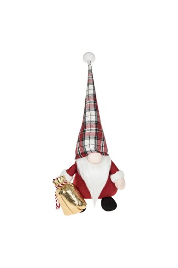 SHOPIENS Christmas Decorative Figurine - Gnome with Red Checkered Hat, 48 cm, Gold Sack, Polyester