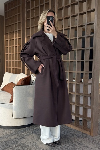 Laluvia Dark Brown Premium Coat with Pocket Detail on the Sleeves - 408033