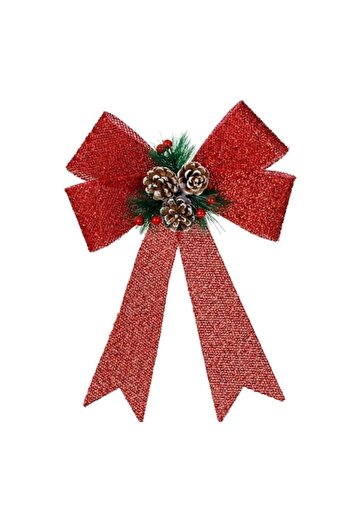SHOPIENS Christmas Decorative Bow, 32 cm, Pine Cones and Berries, Red