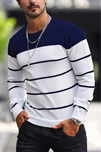 Oksit Santi Slim Fit Striped Crew Neck Men's Knitwear Sweater